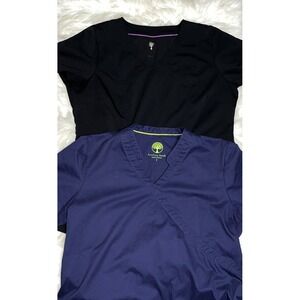 Healing Hands Scrubs Top Women's Large Purple Black Short Sleeve V-Neck Pockets